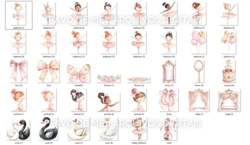 Kit Digital Bailarinas Rosa Aquarela #20 Png Premium
