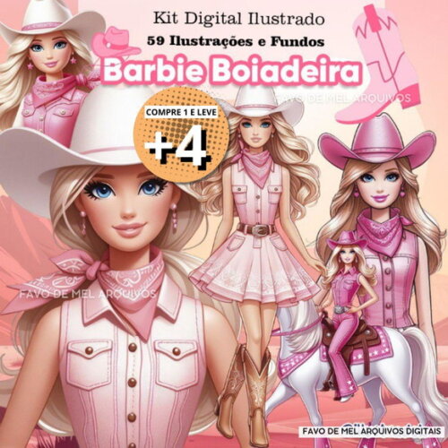 Kit Digital Barbie Boiadeira Cowgirl Rosa Png Aquarela