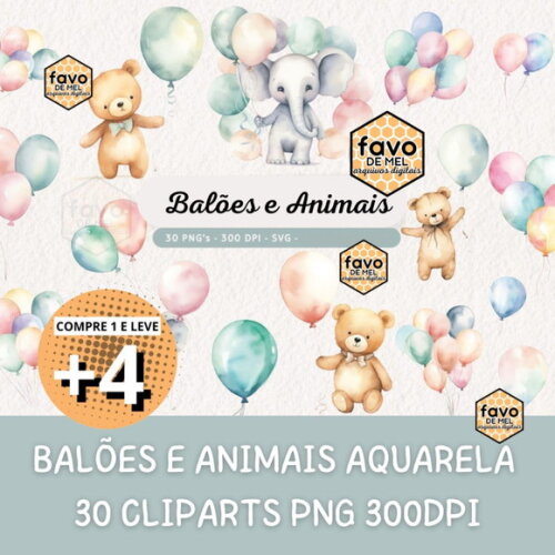 Kit Digital Balões e Animais Aquarela - Ursinho Elefante Kd