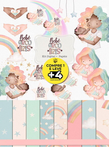 Kit Digital Bebê Arco-íris Aquarela