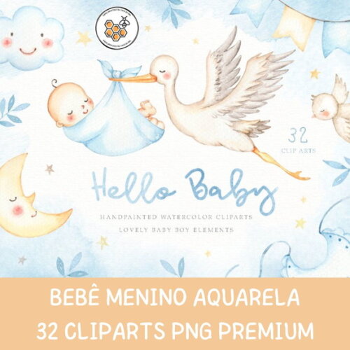 Kit Digital Bebê Cegonha Aquarela Premium - Hello Baby