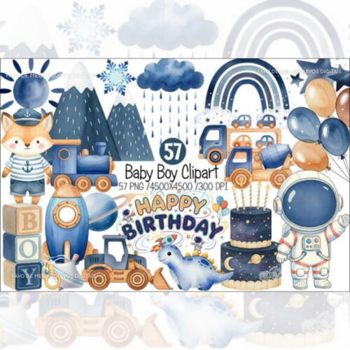 Kit Digital Bebê Menino Aniversário Chá Revelação Aquarela