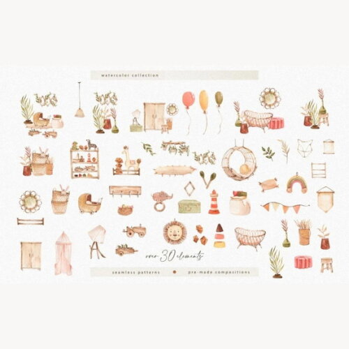 Kit Digital Berçário Chá de Bebê Boho Neutro #8 Png Aquarela