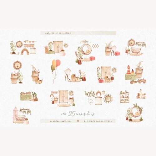 Kit Digital Berçário Chá de Bebê Boho Neutro #8 Png Aquarela