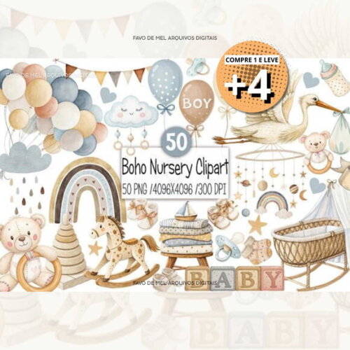 Kit Digital Berçário Chá de Bebê Boho Neutro Aquarela #10
