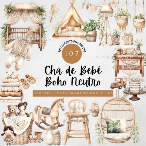 Kit Digital Berçário Chá de Bebê Boho Neutro Aquarela #9