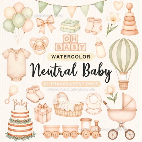 Kit Digital Berçário Chá de Bebê Boho Neutro Aquarela #11
