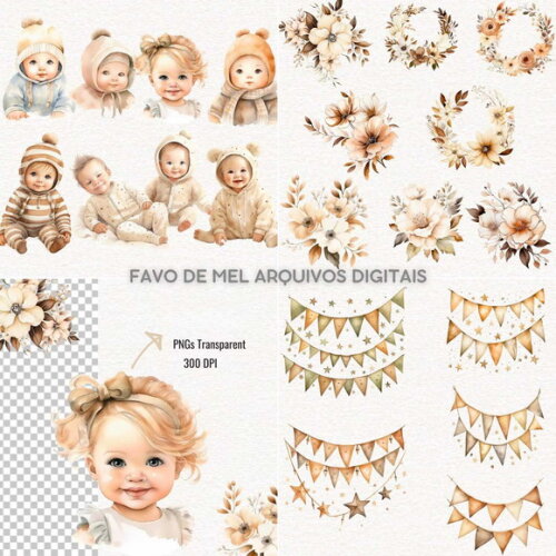 Kit Digital Berçário Chá de Bebê Neutro Aquarela #11 Png