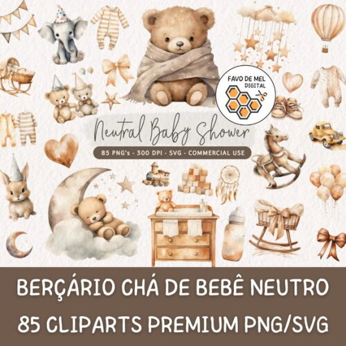Kit Digital Berçário Chá de Bebê Neutro Aquarela Png #6