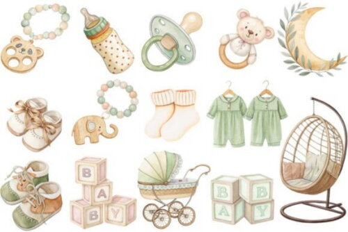 Kit Digital Berçário Chá de Bebê Verde Aquarela Png