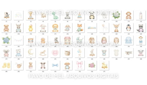 Kit Digital Bichinhos de Pelúcia - Quarto de Bebê Aquarela