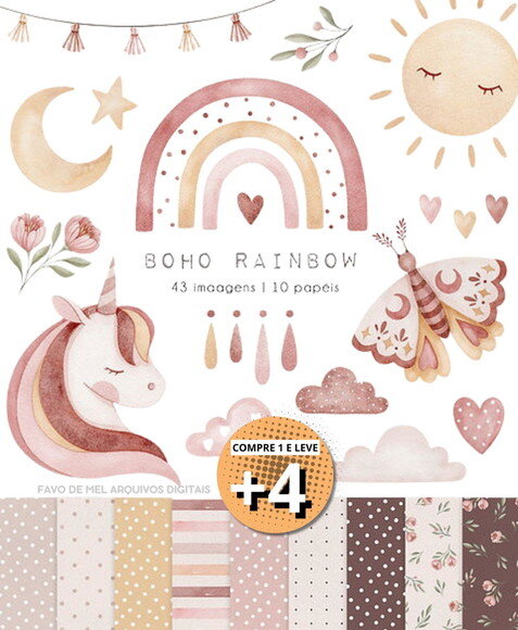 Kit Digital Boho Rainbow Aquarela (pague 1 Leve +4)