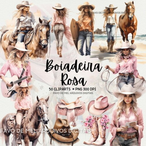 Kit Digital Boiadeira Aquarela #1 Boiadeira Rosa Cowgirl Png