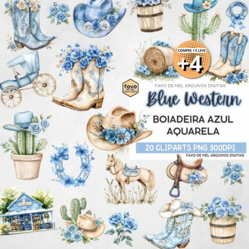 Kit Digital Boiadeira Azul Aquarela Png (pague 1 Leve 5)