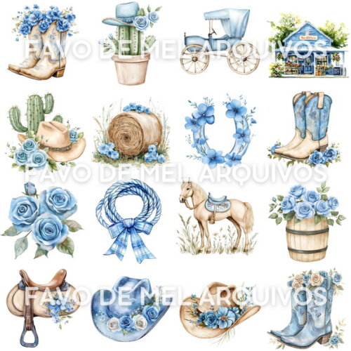 Kit Digital Boiadeira Azul Aquarela Png (pague 1 Leve 5)