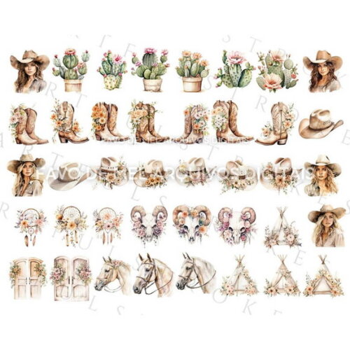 Kit Digital Boiadeira Boho Aquarela Png Premium