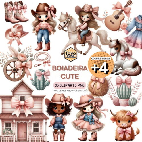 Kit Digital Boiadeira Cute Rosa Aquarela