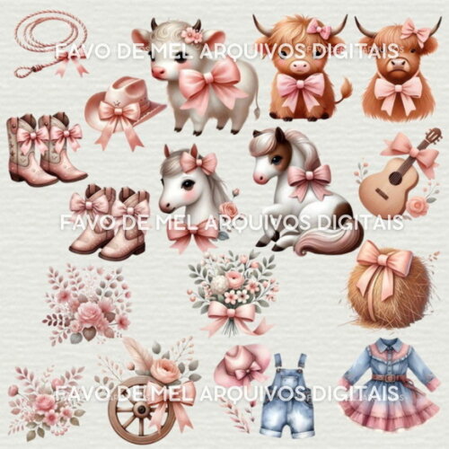 Kit Digital Boiadeira Cute Rosa Aquarela