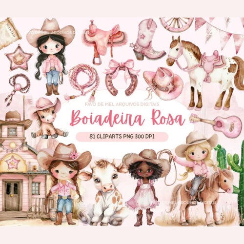 Kit Digital Boiadeira Rosa Aquarela #2 Cute Cowgirl Png