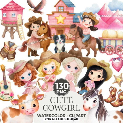Kit Digital Boiadeira Rosa Aquarela #41 Cute Cowgirl Png
