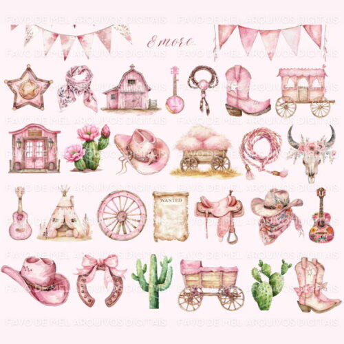 Kit Digital Boiadeira Rosa Aquarela #2 Cute Cowgirl Png