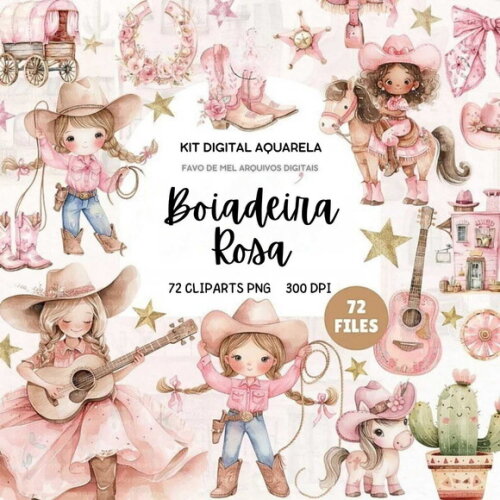 Kit Digital Boiadeira Rosa Aquarela #42 Cowgirl Pink Png