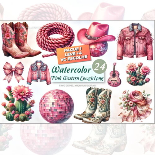 Kit Digital Boiadeira Rosa Aquarela #43 Png (pague 1 Leve 5)
