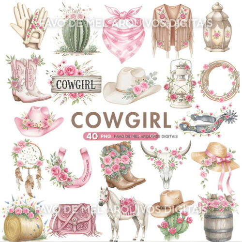 Kit Digital Boiadeira Rosa Aquarela #49 Cowgirl Png