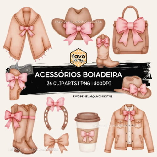 Kit Digital Boiadeira Rosa Aquarela Acessórios Bota Chapéu