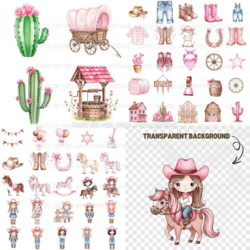 Kit Digital Boiadeira Rosa Aquarela 58 Png Premium (dz)