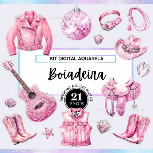 Kit Digital Boiadeira Rosa Aquarela Png Premium