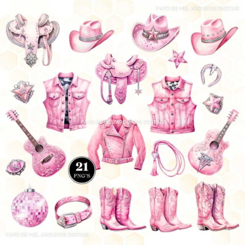 Kit Digital Boiadeira Rosa Aquarela Png Premium