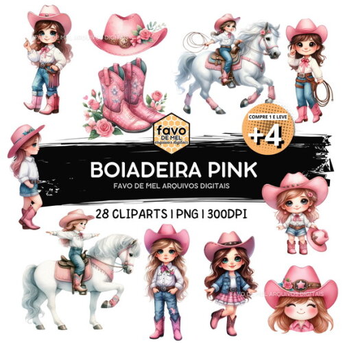 Kit Digital Boiadeira Rosa Aquarela Rustica (pague 1 Leve 5)