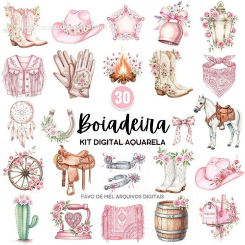 Kit Digital Boiadeira Rosa Aquarela Png Premium (dz)