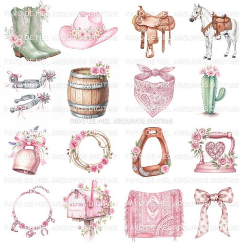 Kit Digital Boiadeira Rosa Aquarela Png Premium (dz)