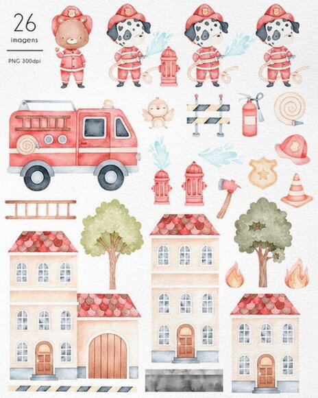 Kit Digital Bombeiros Aquarela Png #03 (pague 1 Leve +4)