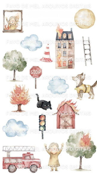 Kit Digital Bombeiros Aquarela Premium Png