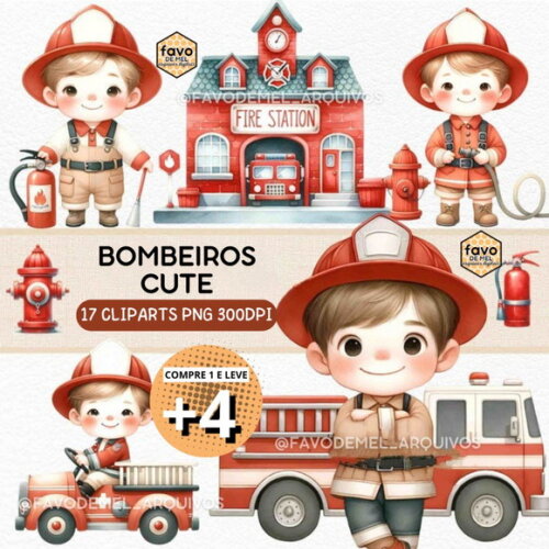 Kit Digital Bombeiros Cute Aquarela #07 (pague 1 Leve +4)