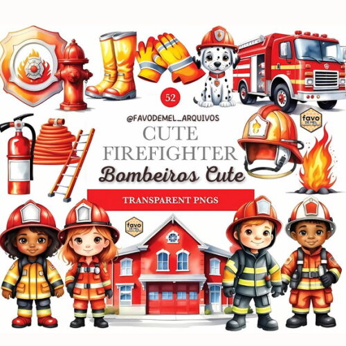 Kit Digital Bombeiros Cute Aquarela #09 Premium Png