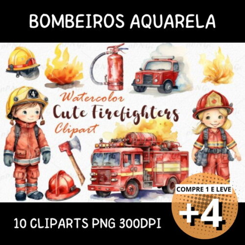 Kit Digital Bombeiros Cute Aquarela #05 Png (pague 1 Leve 5)