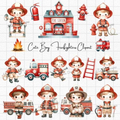 Kit Digital Bombeiros Cute Aquarela #07 (pague 1 Leve +4)