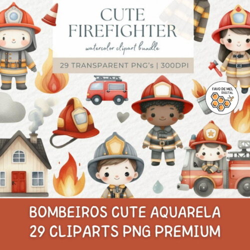 Kit Digital Bombeiros Cute Aquarela Premium Png #02 Sd