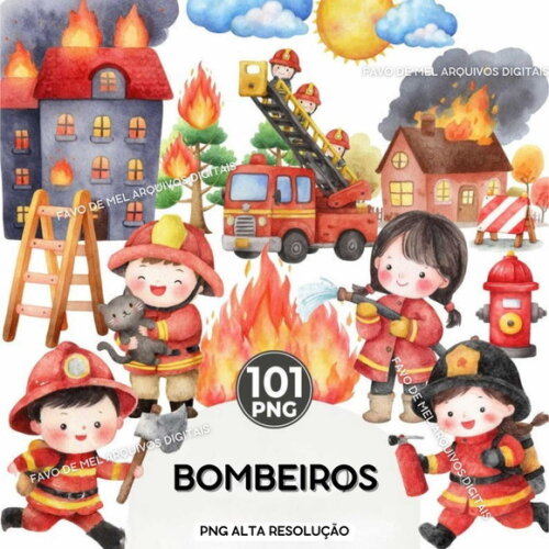 Kit Digital Bombeiros Cute Aquarela Premium Png #14