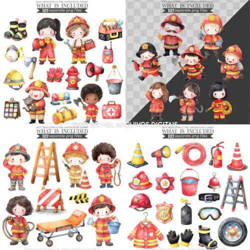 Kit Digital Bombeiros Cute Aquarela Premium Png #14