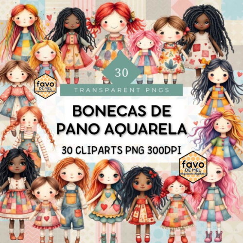 Kit Digital Bonecas de Pano Aquarela Premium (msp)