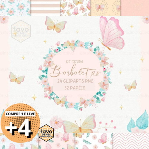 Kit Digital Borboletas Aquarela Elementos e Papéis