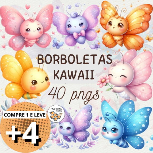 Kit Digital Borboletas Kawaii Aquarela - Summer Butterflies