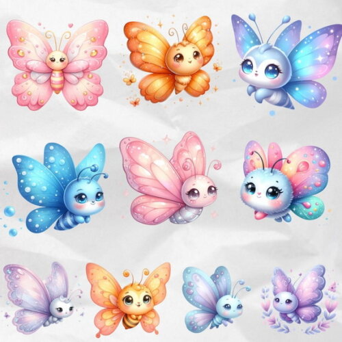 Kit Digital Borboletas Kawaii Aquarela - Summer Butterflies