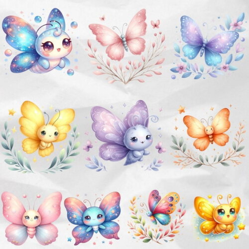 Kit Digital Borboletas Kawaii Aquarela - Summer Butterflies