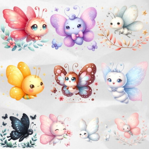 Kit Digital Borboletas Kawaii Aquarela - Summer Butterflies